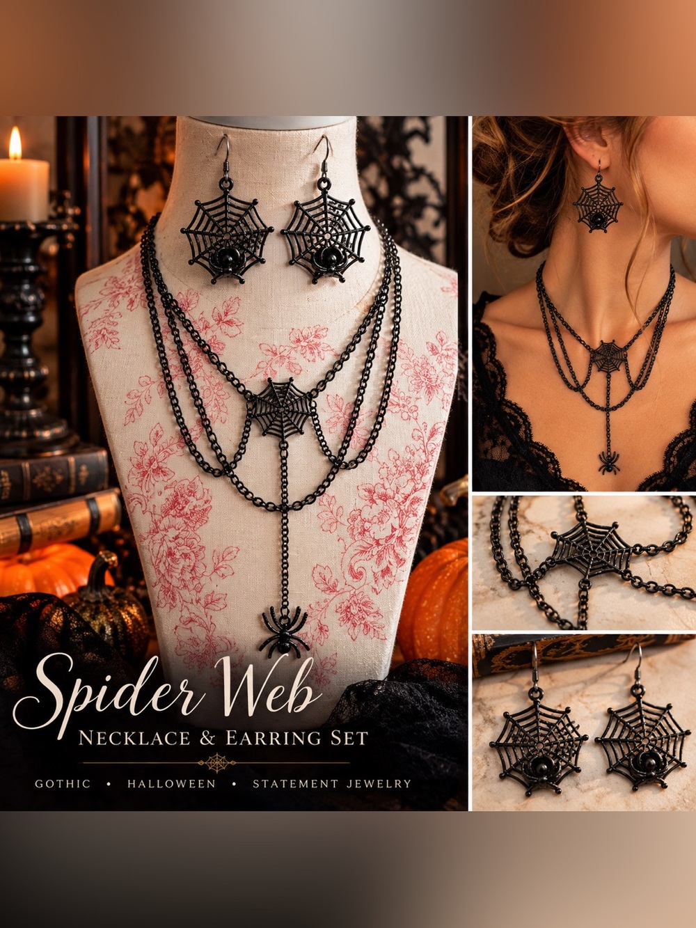 Spider Web Necklace & Earrings Set Black Gothic Halloween Jewelry